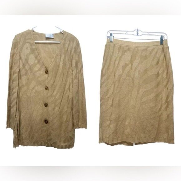 Stizzoli Jacquard Linen Button Down Cardigan Skirt Set Size 44 L-XL Camel Preppy - Picture 1 of 16